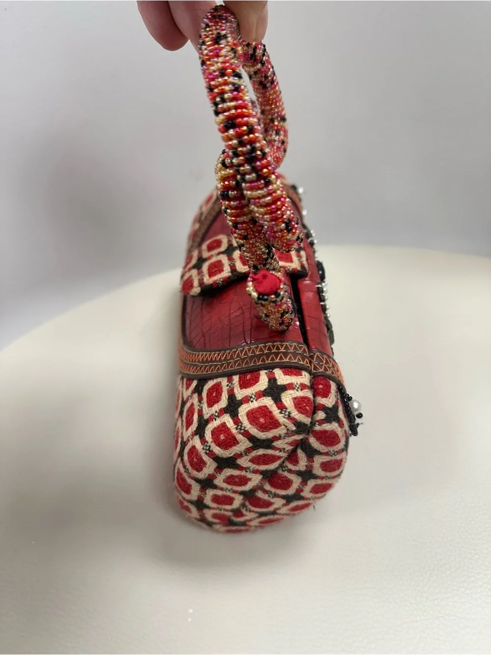 Handcrafted Red Beaded Floral Embellished Women's Clutch